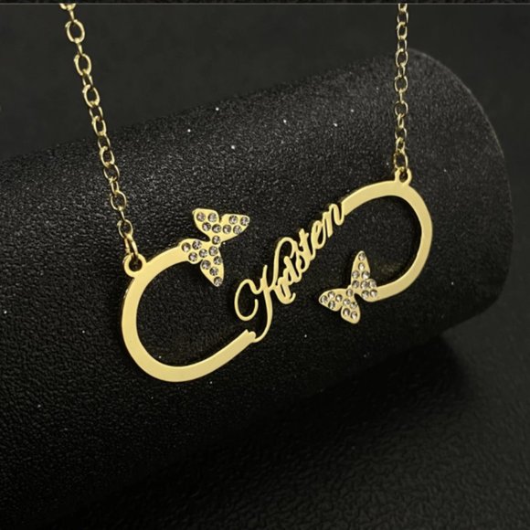 Custom Name Butterfly Necklace Infinity Shape Diamond Stainless Steel Metal - Picture 2 of 4